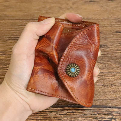 Retro Bifold Wallet Pouch for Women Men Cowhide Leather Small Coin Purse
