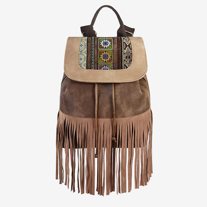 Vintage Tassel Backpack Women Bohemian Drawstring Leather Travel Purse