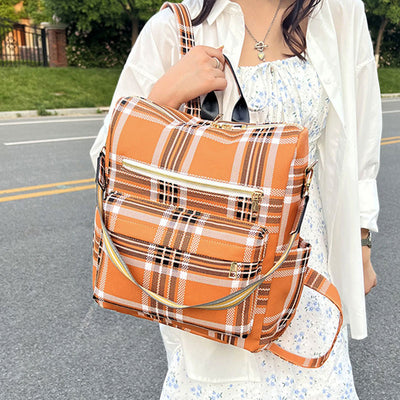 Multifunciton Casual Women Rucksack Daypack Leather Plaid Backpack With Shoulder Strap