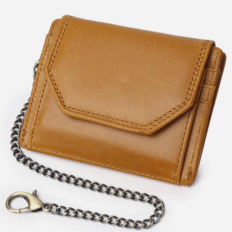 Men's Trifold Wallet Slim Genuine Leather Wallet Card Holder with Chain