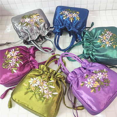 Embroidery Floral Clutch Drawstring Bucket Bag Handbag Party Bag
