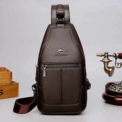 Multiple Pockets Leather Sling Chest Bag for Men with USB Charging Port