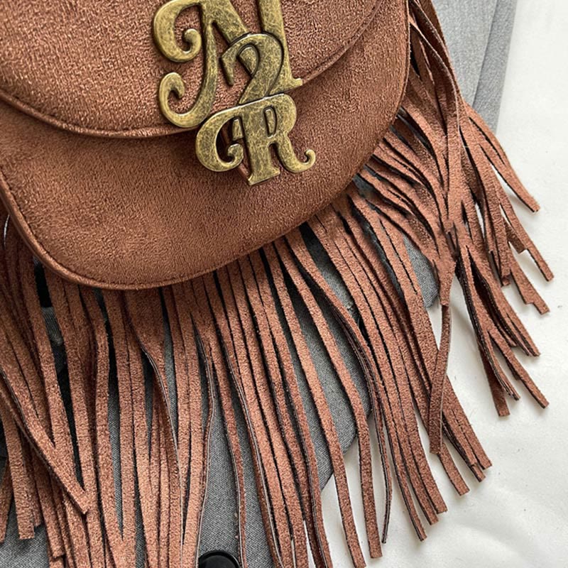 Women Autumn Flannelette Bag Retro Letter Buckle Crossbody Tassel Bag