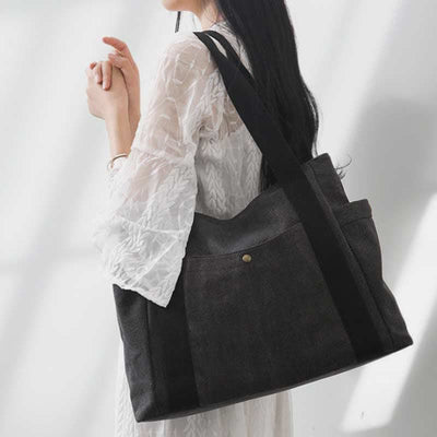 Large Capacity Canvas Shoulder Tote Bag Multiple Pocket Handbag Shopping Bag