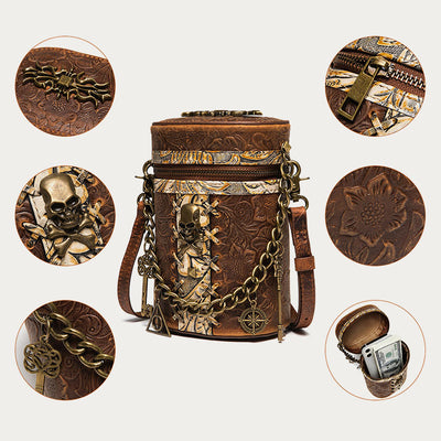 Vintage Crossbody Bag Fancy Skull Design Leather Bucket Bag