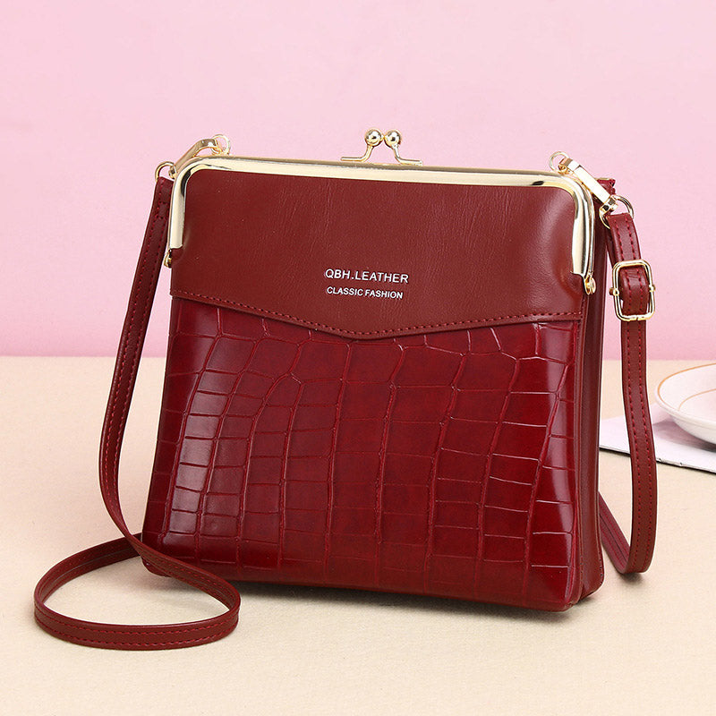 Leather Crossbody Handbag for Women Double Compartment Kiss Lock Shoulder Bag