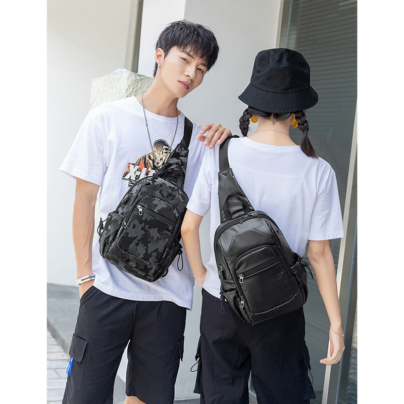 Unisex Small Black Sling Crossbody Shoulder Bag Daypack with USB Charger
