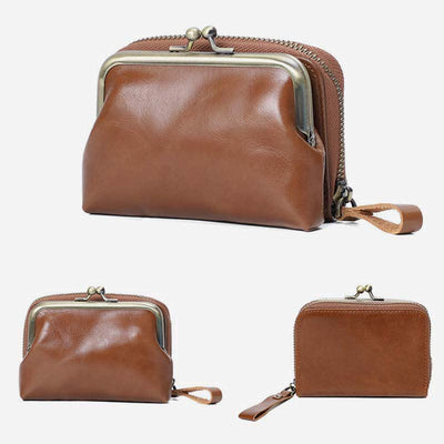 Genuine Leather Coin Purse Pouch Wallet Change Purse with Detachable Pocket