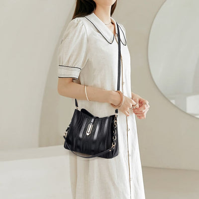 Stripe Pattern Handbag Women Large Vegan Leather Crossbody Bucket Bag