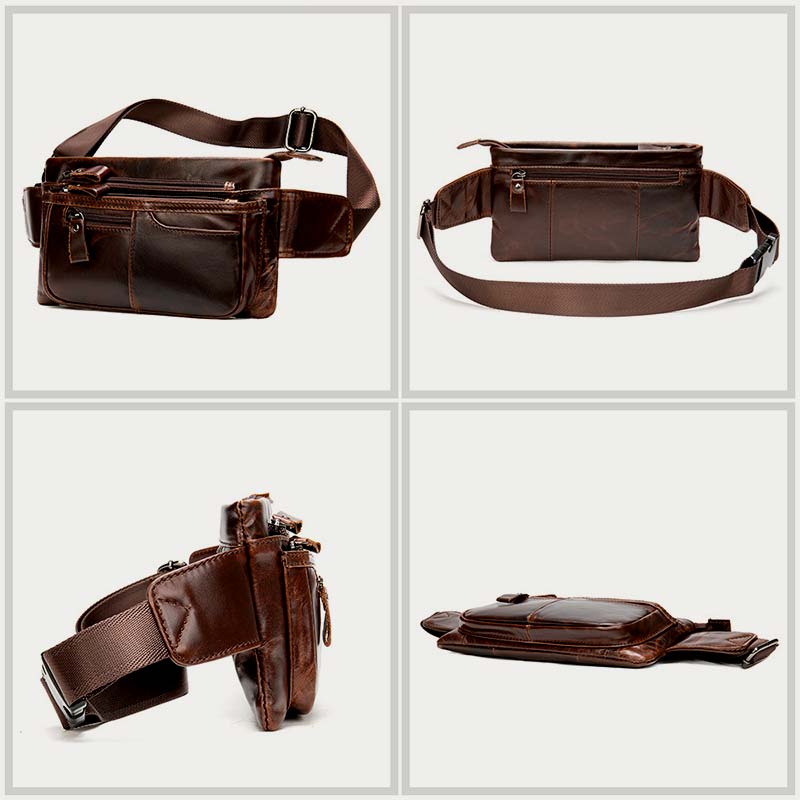 Men Classic Leather Sling Bag Waist Bag with Ajustable Strap