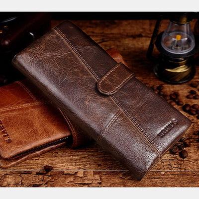 Retro Splicing Long Slim Purse Real Leather Trifold Wallet