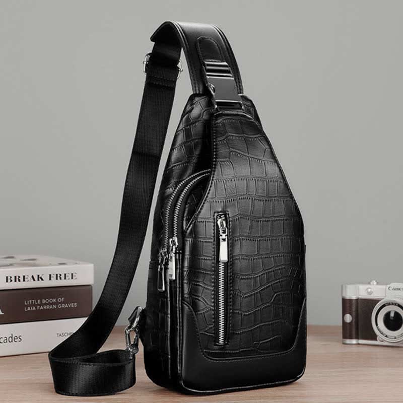 Crocodile Grain Leather Sling Backpack Shoulder Bag for Men Travel Daypack