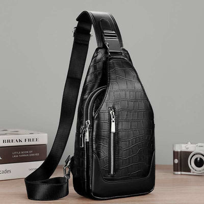 Crocodile Grain Leather Sling Backpack Shoulder Bag for Men Travel Daypack
