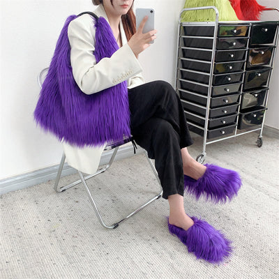 Large Shoulder Bag For Women Party Faux Fur Plush Tote