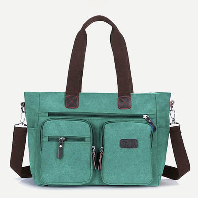 Multi-Pocket Tote Handbag for Women Men Retro Canvas Laptop Bag
