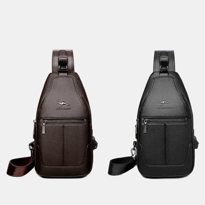 Multiple Pockets Leather Sling Chest Bag for Men with USB Charging Port