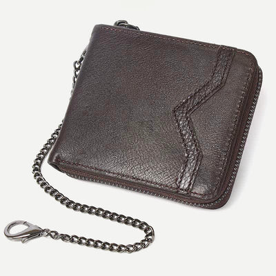 Genuine Leather Zip Around RFID Blocking Bifold Wallet with Chain