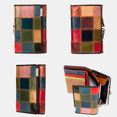 Genuine Leather Splicing Color Block Wallet Trifold Long Purse