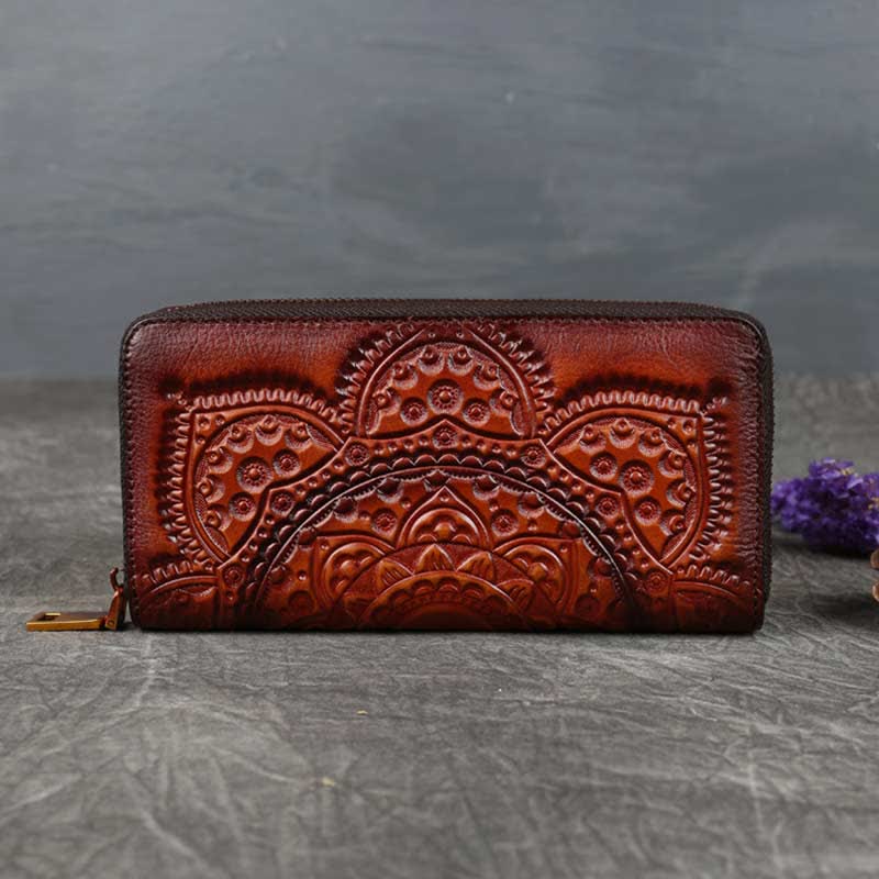 Women Genuine Leather Zip Around Embossing Wallet Large Cowhide Leather Wallet