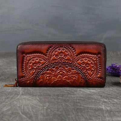 Women Genuine Leather Zip Around Embossing Wallet Large Cowhide Leather Wallet