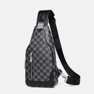 Double Layer Leather Sling Bag for Men Casual Plaid Crossbody Daypack