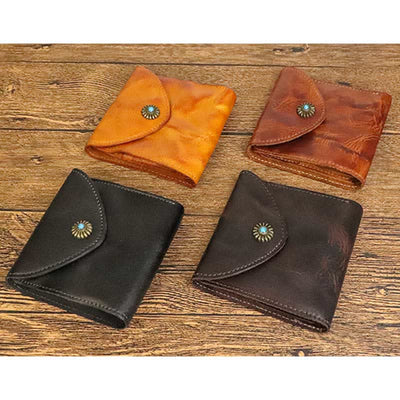 Retro Bifold Wallet Pouch for Women Men Cowhide Leather Small Coin Purse