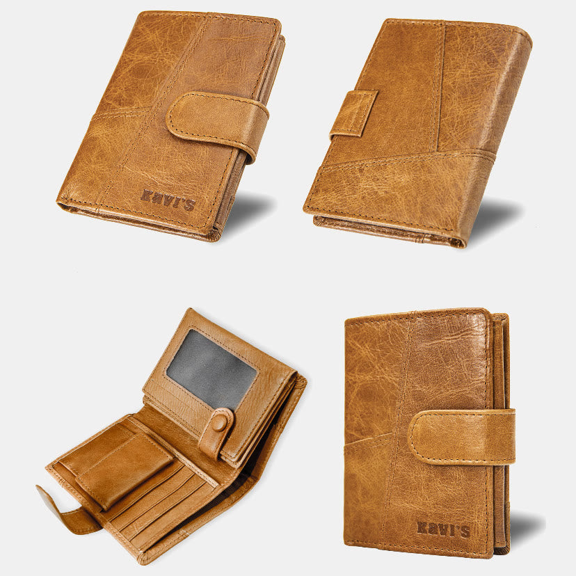 Retro Splicing Long Slim Purse Real Leather Trifold Wallet