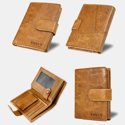 Retro Splicing Long Slim Purse Real Leather Trifold Wallet