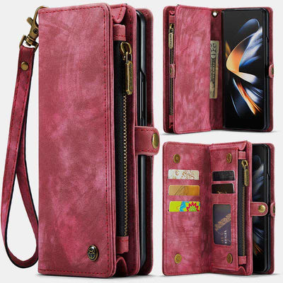 Durable Leather Magnetic Wallet Case for Z Fold 4 with Wrist Strap