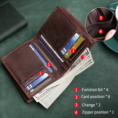 Retro Men's Large Capacity Genuine Leather Bifold Wallet Credit Card Holder