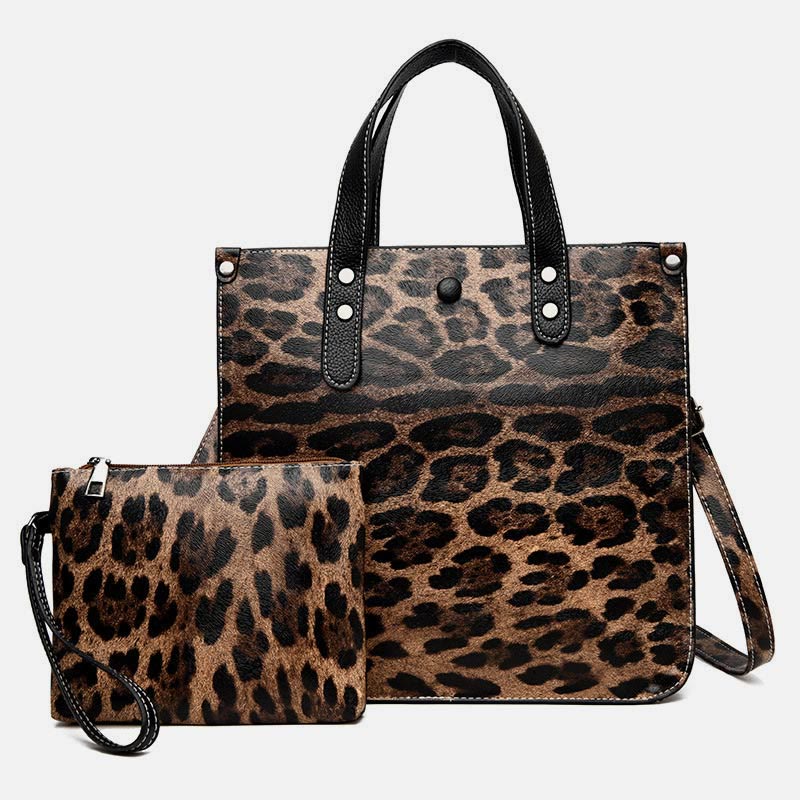 Leopard Print Tote Bag Set For Women Leather Handbag