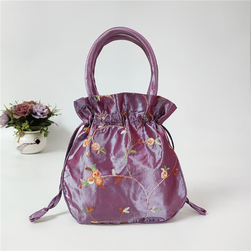 Embroidery Floral Clutch Drawstring Bucket Bag Handbag Party Bag