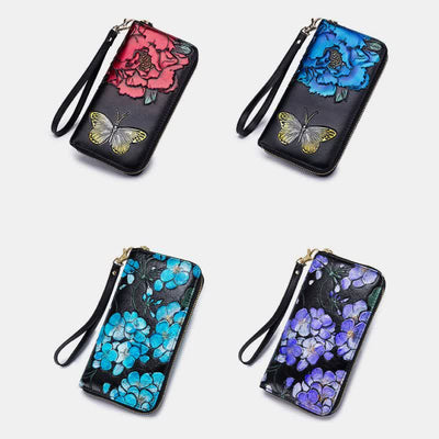 RFID Genuine Leather Vintage Floral Embossing Wallet