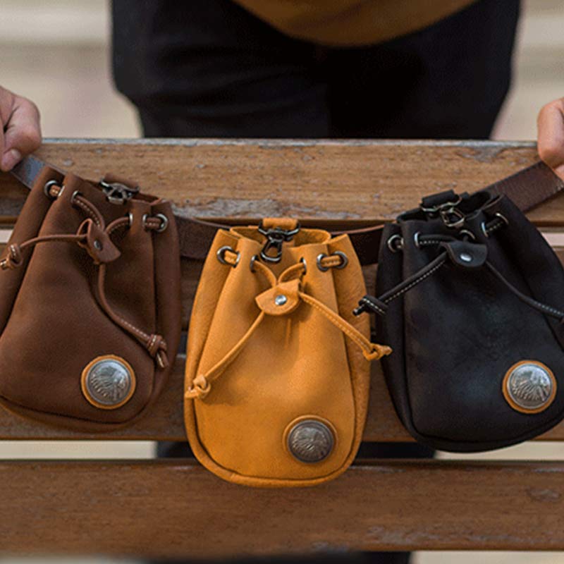 Retro Unisex Waist Pouch Small Drawstring Leather Belt Bag