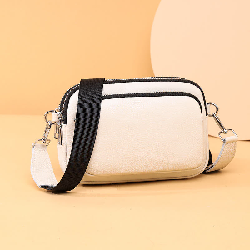 Triple Zip Genuine Leather Crossbody Bag Casual Travel Purse