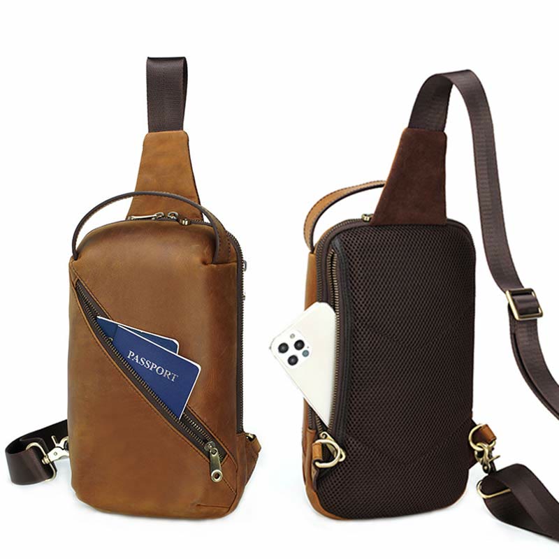 Men's Leather Crossbody Sling Bag Outdoor Travel Chest Bag Shoulder Daypack