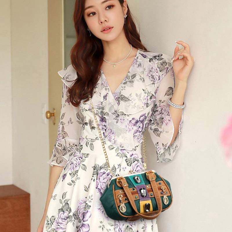 Retro Double Layer Kiss-Lock Shoulder Handbag Party Evening Purse with Crossbody Chain