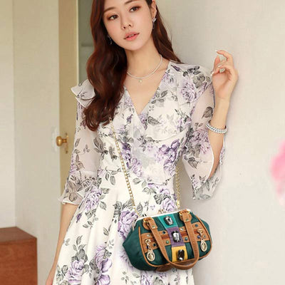 Retro Double Layer Kiss-Lock Shoulder Handbag Party Evening Purse with Crossbody Chain