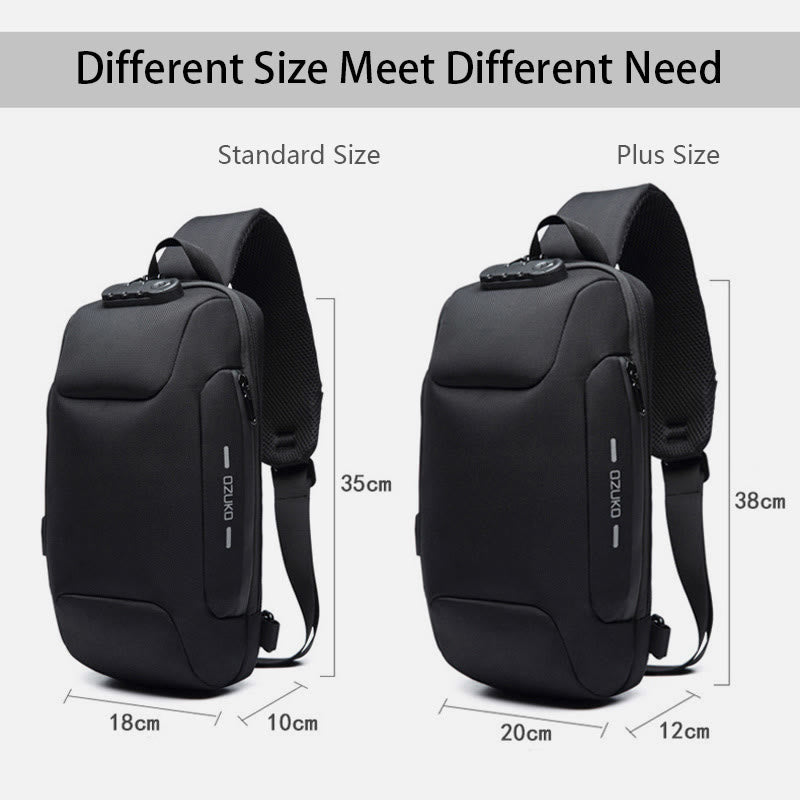 Multi-Pocket Fashion Sling Bag Chest Bag with Passport Lock USB Charging Port