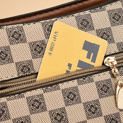 Triple Compartment Plaid Satchel Women Leather Chic Crossbody Bag