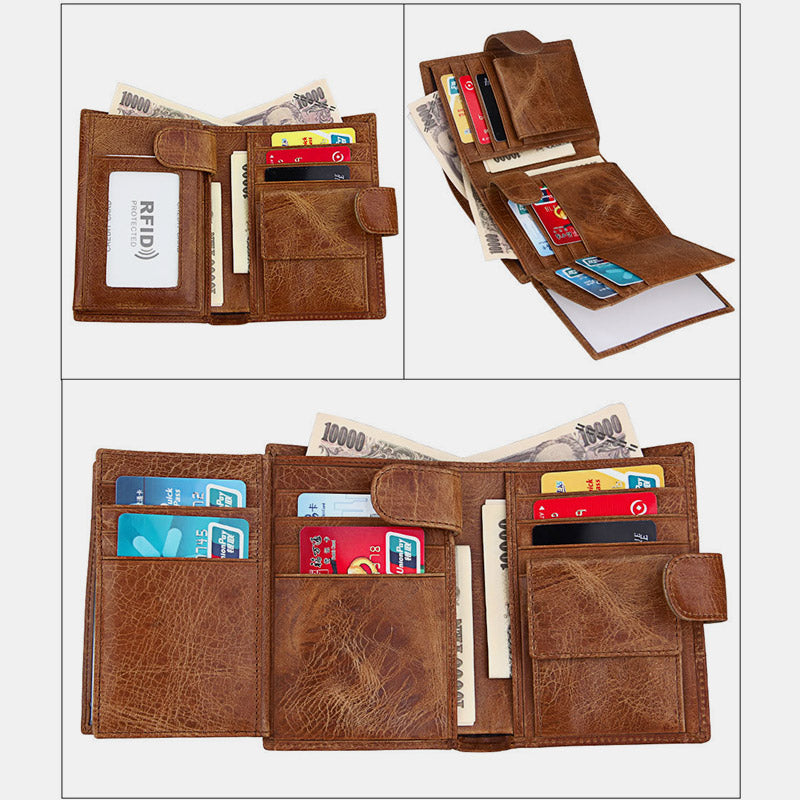 RFID Genuine Leather Card Holder Trifold Wallet