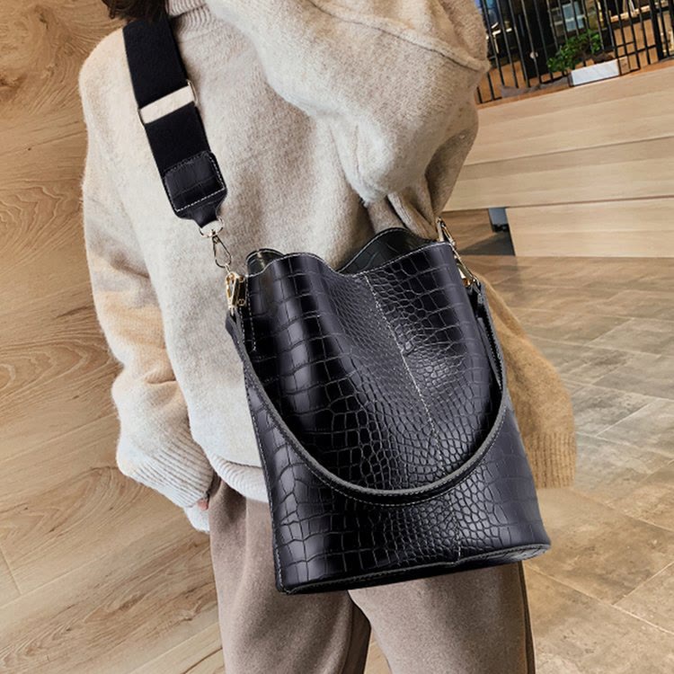 Crocodile Print Leather Cross Body Purse Single Shoulder Bucket Bag