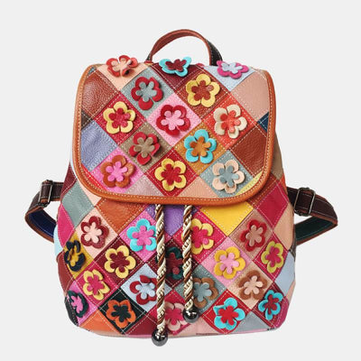Genuine Leather Colorblock Floral Backpack Drawstring Purses