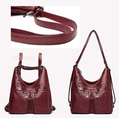 3 Way Use Backpack Multi Pocket Leather Zip Crossbody Shoulder Bag