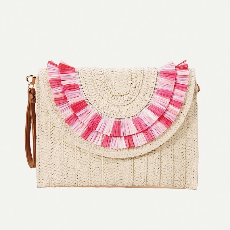 Tassel Beach Clutch for Women Raffia Woven Envelop Bag with Shoulder Strap