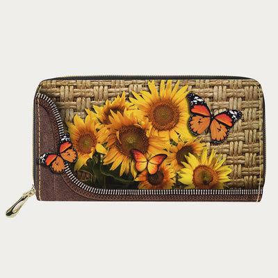 PU Leather Wallet For Women Butterfly Sunflower Pattern Long Purse