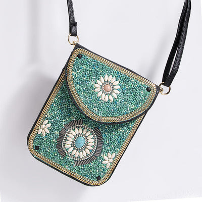 Bohemian Phone Bag Women Shell Flowers Pattern Magnetic Crossbody Bag