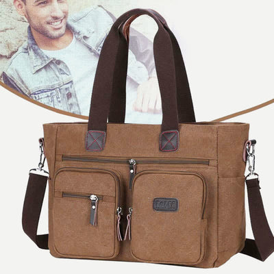 Multi-Pocket Tote Handbag for Women Men Retro Canvas Laptop Bag