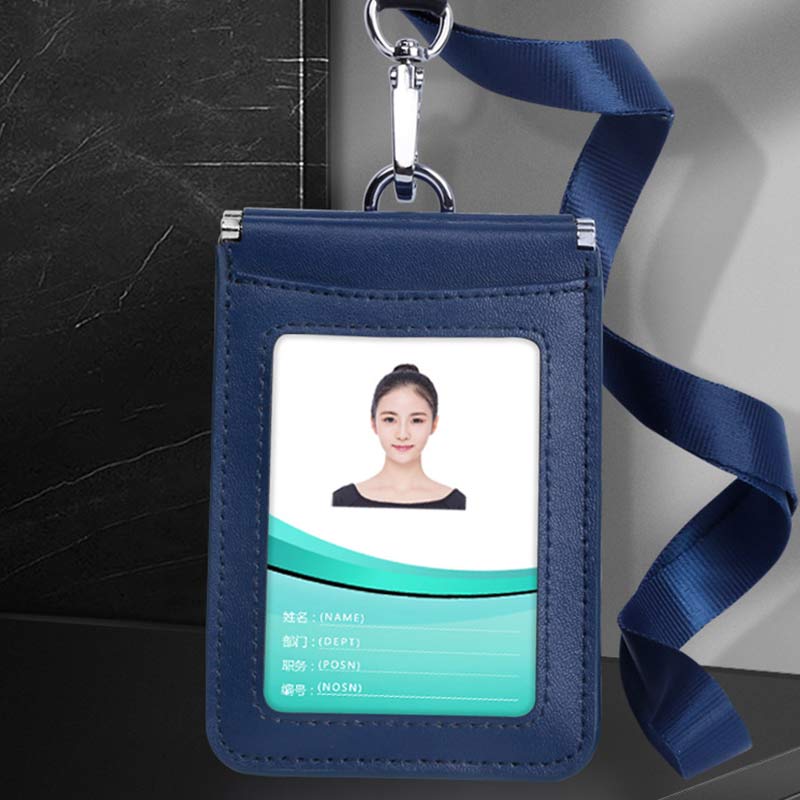 Genuine Leather ID Badge Holder with Vertical Clear ID Window Neck Lanyard