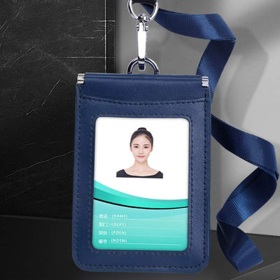 Genuine Leather ID Badge Holder with Vertical Clear ID Window Neck Lanyard